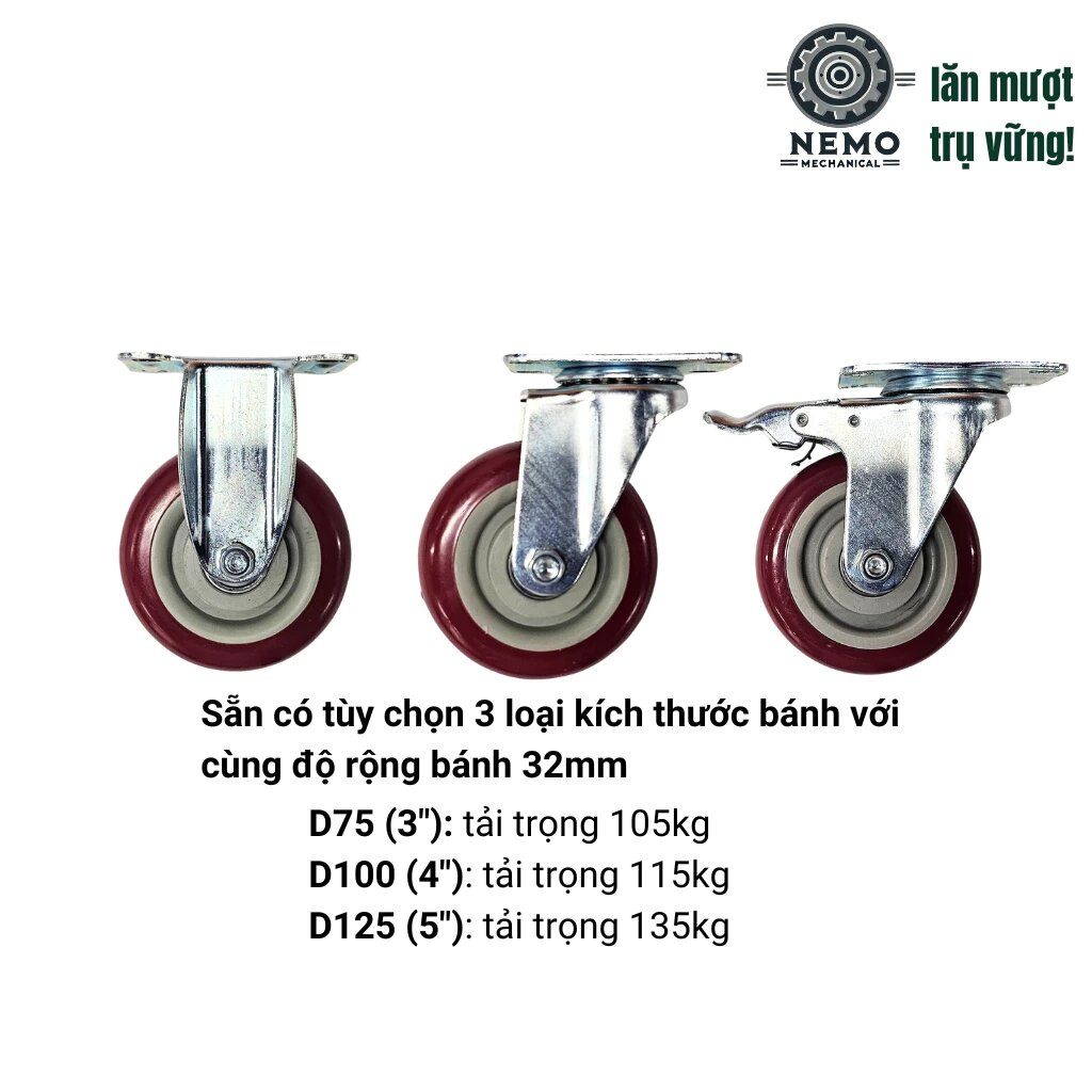 Bánh xe đẩy hàng PVC đỏ mận, mặt bích, có bạc đạn, đường kính 7cm, 10cm, 12cm, tải trọng 105-135kg